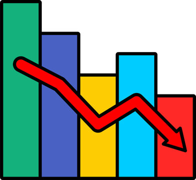 Modern financial loss bar chart icon showing a declining trend with a red zig-zag arrow. Financial loss transparent vector icon PNG. Financial decline clipart.