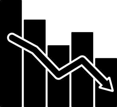 Solid black silhouette of a falling bar chart and zig-zag arrow symbolizing financial loss and decline. Financial loss vector icon transparent PNG. Financial decline symbol.