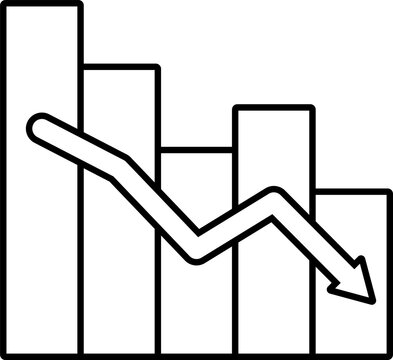 Outline vector icon of a falling bar chart with zig-zag arrow symbolizing financial loss. Modern financial loss concept line drawn stroke icon transparent PNG.
