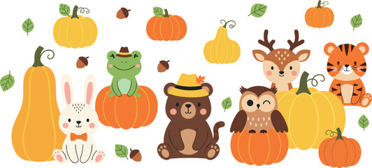 Fototapeta premium Cute woodland animals with pumpkins vector illustration set for autumn harvest, featuring bear, fox, owl and bunny