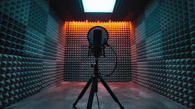 A low angle interior shot of a microphone on a tripod in a soundproof room with acoustic panels