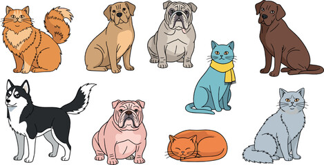 Domestic cats and dogs vector illustration set with different breeds in sitting and resting poses © MdNazmul