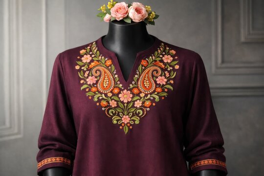 T&uacute;nica bordada en color ciruela, dise&ntilde;o de cuello en V con intrincados motivos florales y paisley, moda tradicional india, vestimenta elegante para mujer