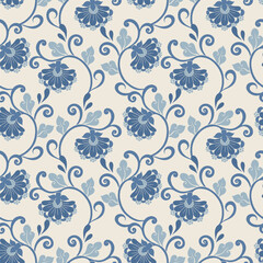 Obraz premium Seamless Blue Floral Ornamental Pattern on Beige Background