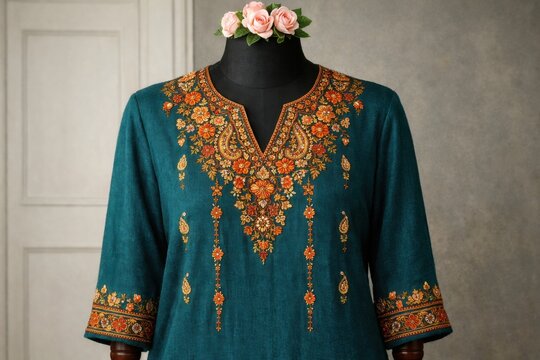 Elegante kurta bordada en tonos tierra, dise&ntilde;o tradicional indio, blusa de algod&oacute;n con intrincados patrones florales y paisley, moda &eacute;tnica para mujer, estilo bohemio y festivo