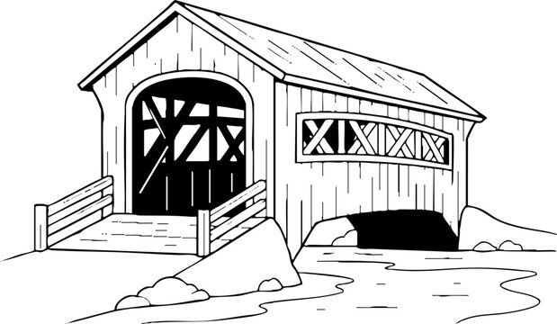 Covered Wooden Bridge Over River Line Drawing
