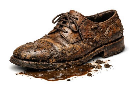 Zapato de vestir marr&oacute;n sucio y embarrado, calzado de cuero cl&aacute;sico cubierto de lodo, concepto de limpieza y restauraci&oacute;n de zapatos, imagen de calzado da&ntilde;ado