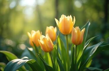 Fototapeta premium Yellow tulips bloom in garden bathed in soft sunlight. Their petals are gently illuminated, highlighting delicate green leaves and blurred green background. Nature in its full springtime glory.