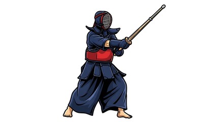 A cartoon illustration of a kendo practitioner poised with a bamboo sword. They are dressed in traditional gear