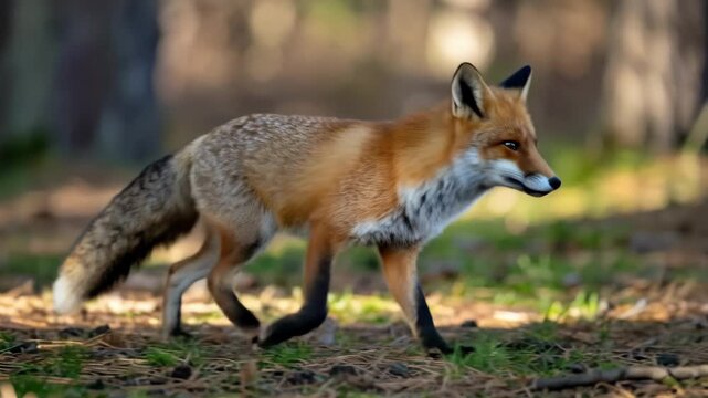 A beautiful fox in the forest with a long tail.