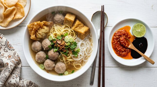 Traditional Indonesian bakso soup with yellow noodles, tofu, and fried shallots