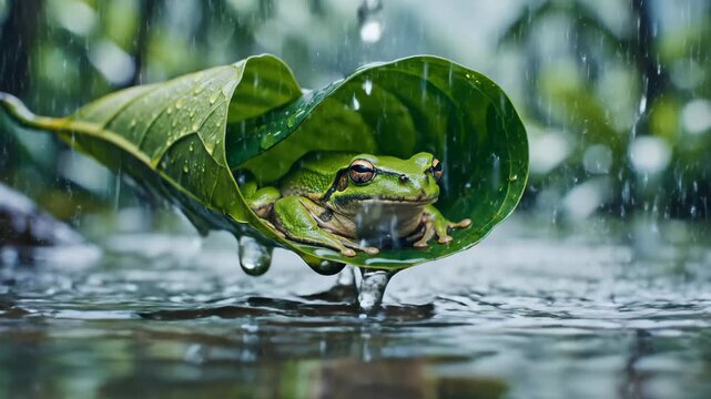 Frog sheltering from rain under a leaf in the water.