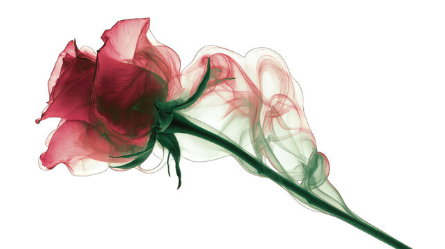 Smoky red rose with green stem on fire in dramatic motion
