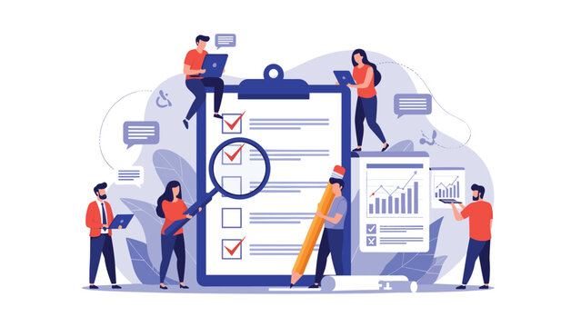 Team of business people working together on a project management checklist with a giant clipboard, magnifying glass, and charts.