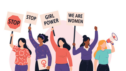 Fototapeta premium Diverse group of women activists holding signs and participating in a peaceful protest for gender equality and rights.