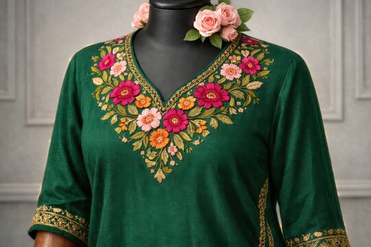 Elegante kurta verde esmeralda con intrincado bordado floral, dise&ntilde;o tradicional indio para moda femenina, ropa &eacute;tnica festiva y cultural