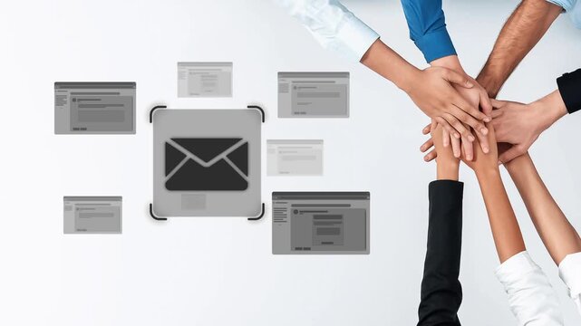 A dynamic office scene with diverse hands stacking together symbolizes teamwork and collaboration, set against an email icon to emphasize communication. Raster