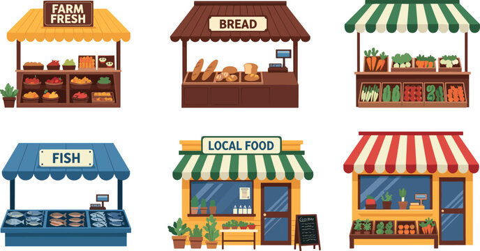 Local market shop fronts vector set with bakery, fish stall, farm fresh produce and grocery store illustration