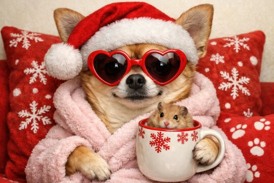 Chihuahua navide&ntilde;o con gorro de Pap&aacute; Noel y gafas de coraz&oacute;n, un perro adorable en bata rosa con un h&aacute;mster en taza de caf&eacute;, imagen festiva de mascotas para tarjetas de felicitaci&oacute;n y publicidad