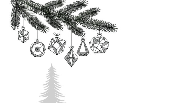 Elegant minimalist Christmas branch with hanging geometric crystal ornaments and a small pine tree silhouette.