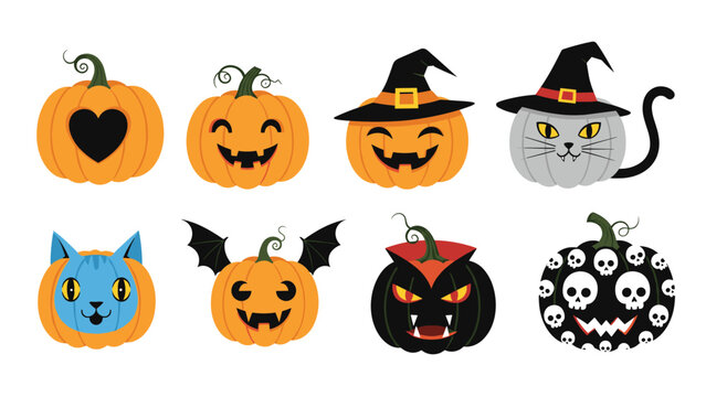 Collection of eight unique Halloween pumpkins featuring various spooky faces, witch hats, and character designs.