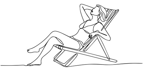 continuous one line drawing Vector illustration of woman relaxing on beach chair