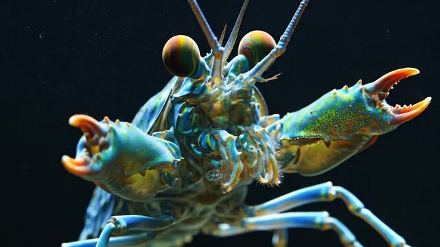 Close-up Macro Shot of a Colorful Mantis Shrimp Underwater.