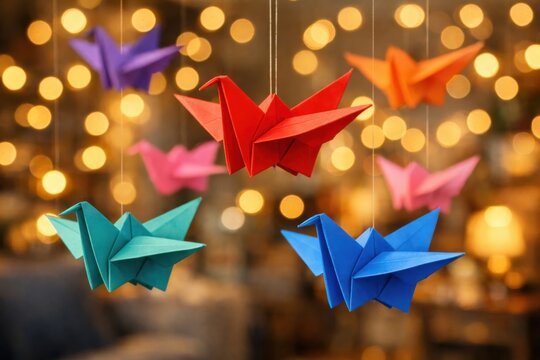 Grullas de origami coloridas, decoraci&oacute;n festiva de papel, arte japon&eacute;s de papiroflexia, s&iacute;mbolos de paz y buena fortuna, fondo bokeh c&aacute;lido para celebraciones y eventos.