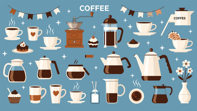 Comprehensive set of coffee-related illustrations including different brewing methods, mugs, beans, and sweet treats on a soothing blue background.