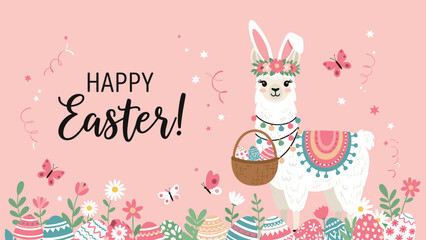 Adorable llama character wearing a flower crown holds a basket of colorful eggs in a festive Happy Easter spring field landscape.