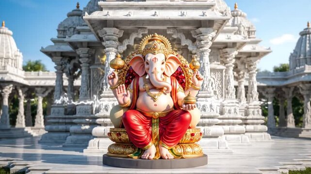 A vibrant, detailed idol of lord ganesha sits serenely in an ornate white hindu temple during ganesh chaturthi.