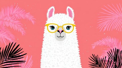 Fototapeta premium Llama with glasses set against a bright orange background surrounded by green leaves