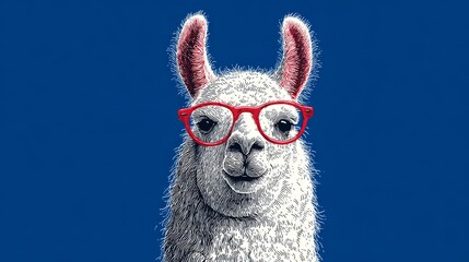 Fototapeta premium In front of a solid blue background, a llama with large glasses shows a friendly expression and a bright face