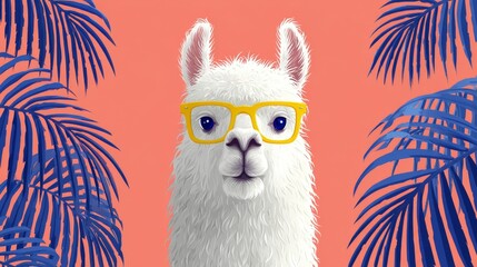 Fototapeta premium Glasses-wearing llama positioned in front of a vivid orange backdrop and green foliage