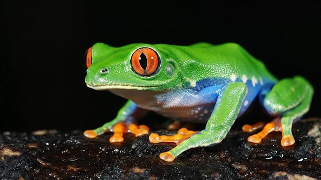 Vibrant Red Eyed Tree Frog Perched on a Branch in Darkness.