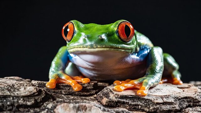 Vibrant Red Eyed Tree Frog Resting on Textured Bark.