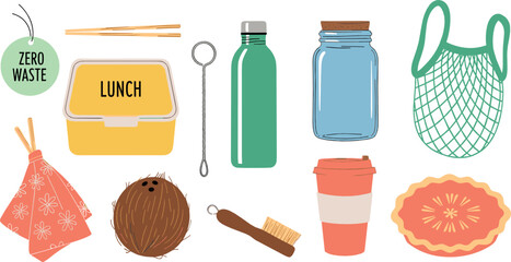 Zero waste lifestyle vector set with reusable lunch box, water bottle, mesh bag and eco friendly products © MdNazmul