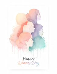 Fototapeta na wymiar Watercolor Women’s Day Celebration Art With Floral Pastel Silhouettes and Elegant Typography