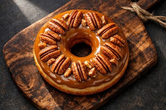 Dona gourmet con glaseado de caramelo y nueces pec&aacute;n, rosquilla artesanal sobre tabla de madera r&uacute;stica, postre dulce de reposter&iacute;a creativa
