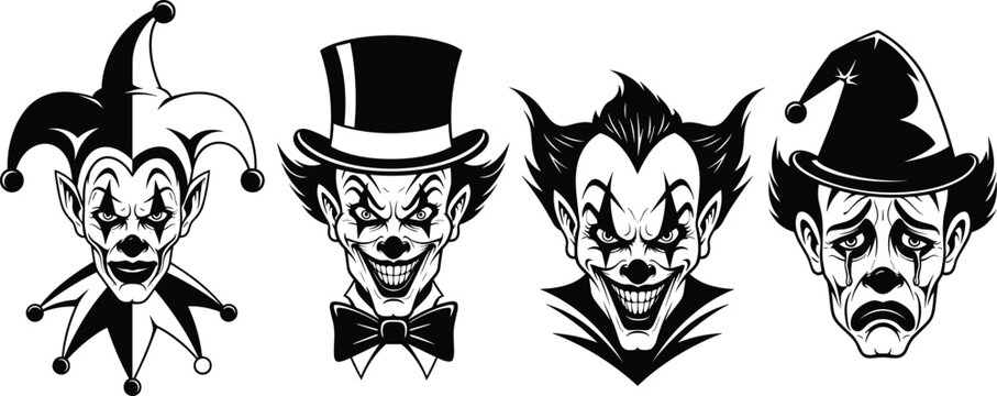 Black vector icon set of spooky clown and jester faces for concepts of horror Halloween carnival circus theater and branding