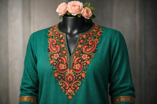 Elegante kurta verde esmeralda con intrincado bordado floral y paisley, moda tradicional india, dise&ntilde;o de cuello en V, vestimenta &eacute;tnica femenina, estilo cultural