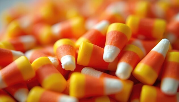 Pile of colorful candy corn treats. Orange yellow white sugary sweets fill frame. Festive fall holiday confection, sweet snack texture closeup. Autumnal food background.