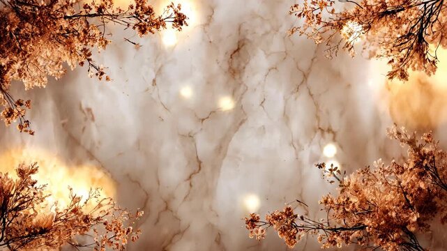 A marble backdrop with blurred highlights is framed by floral branches