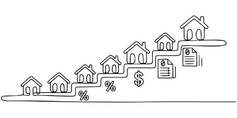 Fototapeta premium Real Estate Growth: Conceptual illustration showcasing a series of houses ascending in a line, representing the growth in the property business.