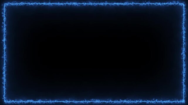4K Blue Glowing Energy Frame Border with Electric Plasma Effect on Black Background, Cinematic Motion Graphics Video Overlay for Abstract Digital Design and Seamless Loop Animation
