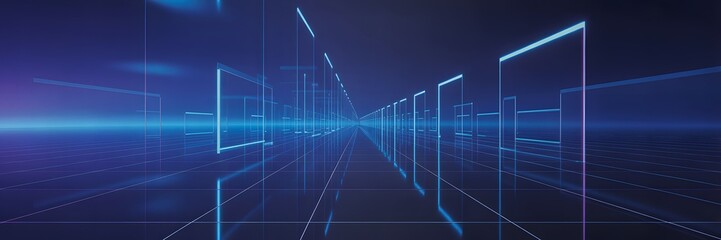 Naklejka premium Digital abstract futuristic glowing geometric lines on a dark blue background with light streaks
