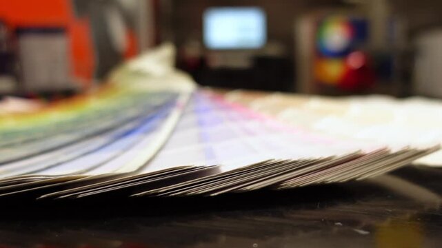 Color palette fan on dark surface with blurred background in studio setting