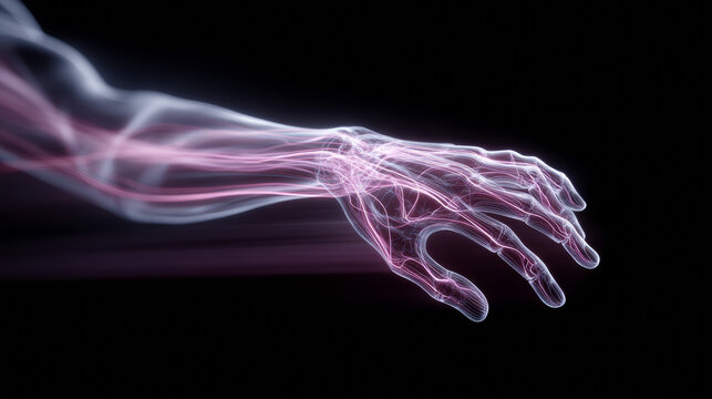 Long exposure motion blur capturing the fast movements of a purple cybernetic arm on a synthesizer