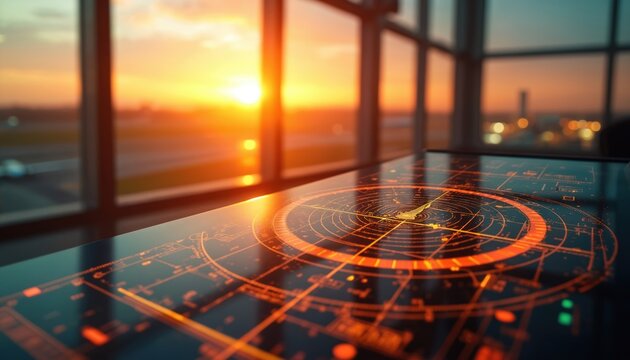 Close-up of illuminated air traffic control radar screen. Airport runway lights and windows visible in background. Sunset sky with orange glow. Focus on display tech.