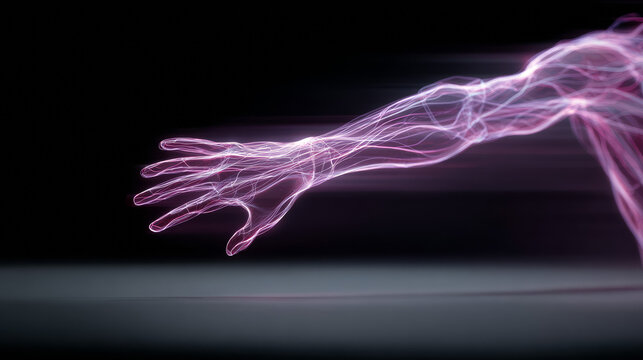 Long exposure motion blur capturing the fast movements of a purple cybernetic arm on a synthesizer